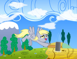 Size: 1250x967 | Tagged: safe, artist:spellboundcanvas, derpy hooves, pegasus, pony, g4, bush, female, flower, flying, hammer, hitting, mare, newbie artist training grounds, open mouth, open smile, smiling, solo, swinging, tree