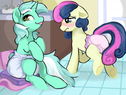 Size: 1280x960 | Tagged: safe, artist:onc3l3rphobix, bon bon, lyra heartstrings, sweetie drops, earth pony, pony, unicorn, adult foal, bathroom, blushing, desperation, diaper, diaper fetish, diaper training, duo, female, fetish, grin, mare, need to pee, non-baby in diaper, pink diaper, potty, potty dance, potty emergency, potty time, smiling, tongue out, underhoof, unpotty training, white diaper