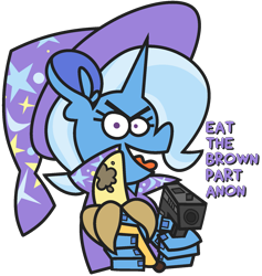 Size: 1641x1728 | Tagged: safe, artist:threetwotwo32232, trixie, pony, unicorn, g4, banana, female, food, gun, handgun, implied anon, mare, pistol, pure unfiltered evil, simple background, solo, talking to viewer, transparent background, weapon