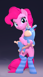 Size: 2160x3840 | Tagged: safe, artist:owlpirate, pinkie pie, earth pony, pony, unicorn, g4, 3d, 4k, balloonicorn, bipedal, clothes, cute, diapinkes, female, high res, hug, mare, plushie, socks, solo, source filmmaker, striped socks, team fortress 2