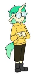 Size: 533x998 | Tagged: safe, artist:redxbacon, oc, oc only, unicorn, anthro, clothes, female, glasses, hoodie, solo