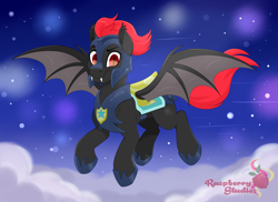 Size: 6419x4679 | Tagged: safe, artist:raspberrystudios, oc, oc only, bat pony, armor, bat pony oc, bat wings, cloud, commission, fangs, flying, looking at you, male, night, night guard, night guard armor, night sky, sky, stallion, stars, wings