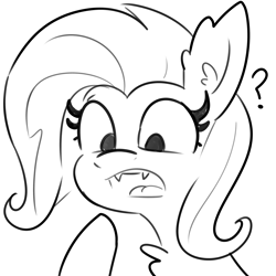 Size: 3000x3000 | Tagged: safe, artist:tjpones, fluttershy, bat pony, pony, g4, bat ponified, black and white, confused, fangs, female, flutterbat, grayscale, high res, mare, monochrome, open mouth, question mark, race swap, simple background, solo, white background