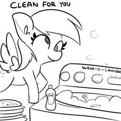 Size: 3000x3000 | Tagged: safe, artist:tjpones, derpy hooves, pegasus, pony, g4, black and white, derpy being derpy, dishes, female, fork, grayscale, high res, mare, monochrome, simple background, solo, suds, this will not end well, washing machine, white background