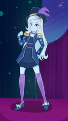 Size: 720x1280 | Tagged: safe, artist:namieart, trixie, equestria girls, g4, clothes, dress, epaulettes, hat, jacket, looking at you, smiling, socks, solo, sparkles, stage, stockings, thigh highs, top hat