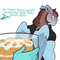 Size: 2000x2000 | Tagged: safe, artist:evehly, fleetfoot, oc, oc:calm wind, pegasus, anthro, g4, blushing, canon x oc, carrot cake (food), fleetwind, flirting, high res, muscles, shipping