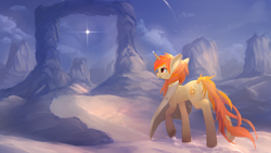 Size: 2560x1440 | Tagged: safe, artist:ssnerdy, oc, oc only, oc:arcane flame, pony, unicorn, clothes, commission, open mouth, raised hoof, scenery, solarflareseries, solo, stars