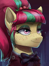 Size: 1560x2100 | Tagged: safe, artist:egil, sour sweet, earth pony, pony, equestria at war mod, g4, bowtie, bust, clothes, crystal prep academy uniform, cute, equestria girls ponified, female, freckles, mare, ponified, school uniform, solo, sourbetes