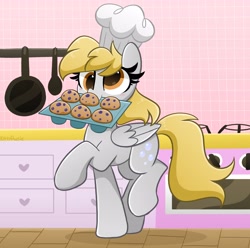 Size: 4096x4070 | Tagged: safe, artist:kittyrosie, derpy hooves, pegasus, pony, g4, absurd resolution, baking, chef's hat, cute, daaaaaaaaaaaw, derpabetes, female, food, hat, kitchen, kittyrosie is trying to murder us, mare, mouth hold, muffin, redraw, smiling, solo, that pony sure does love muffins, tray