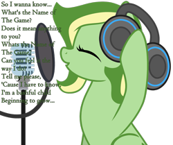 Size: 1185x989 | Tagged: safe, artist:candysweets90240, artist:didgereethebrony, oc, oc only, oc:boomerang beauty, pegasus, pony, abba, base used, headphones, lyrics, microphone, shure 55s, simple background, singing, solo, text, the name of the game, trace, transparent background