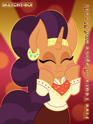 Size: 1800x2400 | Tagged: safe, artist:snakeythingy, saffron masala, pony, unicorn, g4, spice up your life, :3, anniversary, best pony, bipedal, blushing, chef, eyes closed, female, high res, mare, smiling, solo, squishy cheeks