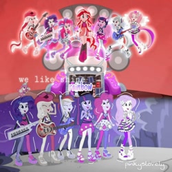 Size: 1080x1080 | Tagged: safe, edit, edited screencap, editor:pinkyslovely, screencap, applejack, dj pon-3, fluttershy, pinkie pie, rainbow dash, rarity, spike, sunset shimmer, twilight sparkle, vinyl scratch, dog, human, equestria girls, g4, my little pony equestria girls: rainbow rocks, bass guitar, clothes, cutie mark, cutie mark on clothes, eyes closed, female, hairpin, high heels, humane five, humane seven, humane six, male, musical instrument, open mouth, ponied up, rainbow rocks outfit, shoes, smiling, spike the dog, tambourine, welcome to the show