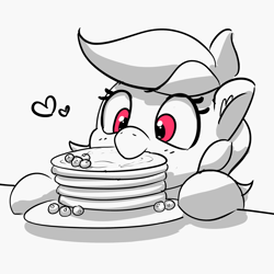 Size: 3000x3000 | Tagged: safe, artist:pabbley, rainbow dash, pegasus, pony, g4, /mlp/ con, blueberry, cute, dashabetes, ear fluff, female, floating heart, food, heart, herbivore, high res, mare, monochrome, nom, pancakes, partial color, plate, requested art, solo, wrong eye color
