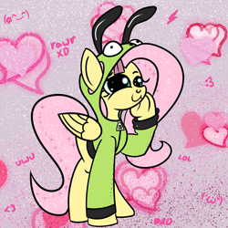 Size: 1999x1999 | Tagged: safe, artist:dafiltafish, fluttershy, pegasus, pony, antonymph, cutiemarks (and the things that bind us), g4, :3, clothes, female, fluttgirshy, frog (hoof), gir, hoodie, invader zim, mare, smug, solo, underhoof, vylet pony