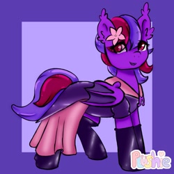 Size: 2000x2000 | Tagged: safe, artist:pastel-pony-princess, oc, oc only, oc:violet rose ze vampony, bat pony, pony, clothes, cute, dress, high res, latex, solo, stockings, thigh highs