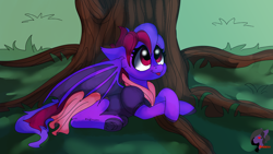 Size: 3840x2160 | Tagged: safe, artist:brainiac, oc, oc only, oc:violet rose ze vampony, bat pony, pony, clothes, cute, dress, frog (hoof), high res, lying down, prone, solo, tongue out, tree, underhoof