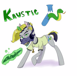 Size: 5000x5000 | Tagged: safe, artist:xasslash, oc, oc only, oc:kaustic, pony, snake, unicorn, acid, clothes, cross necklace, cutie mark, drool, ear piercing, gas mask, green eyes, inverted cross, mask, piercing, sharp teeth, shirt, simple background, solo, sword, teeth, test tube, weapon