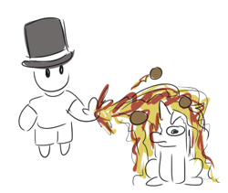Size: 421x356 | Tagged: safe, artist:jargon scott, human, pony, unicorn, duo, food, hat, monochrome, partial color, pasta, simple background, sitting, spaghetti, top hat, wat, white background