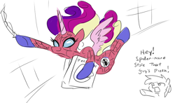 Size: 808x476 | Tagged: safe, artist:jargon scott, princess cadance, alicorn, earth pony, pony, g4, clothes, costume, duo, female, food, male, mare, marvel, peetzer, pizza, pizza box, pizza time, pointing, solo focus, spider web, spider-man, spider-man 2, spider-mare, swinging, that pony sure does love pizza, windswept mane
