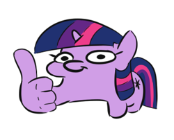 Size: 348x281 | Tagged: safe, artist:jargon scott, twilight sparkle, pony, unicorn, g4, female, filly, filly twilight sparkle, reaction image, simple background, solo, squatpony, suddenly hands, thumbs up, twiggie, unicorn twilight, white background, younger