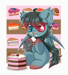 Size: 2000x2200 | Tagged: safe, artist:etoz, oc, oc only, oc:mystery iris, bat pony, bat pony oc, bat wings, blushing, cake, chibi, commission, cute, eating, eyebrows, fangs, food, happy, herbivore, high res, male, open mouth, sitting, smiling, stallion, wings