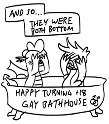 Size: 632x716 | Tagged: safe, artist:mkogwheel, gallus, spike, dragon, griffon, g4, /mlp/, /mlp/ con, and so they were both bottoms, bathtub, black and white, blushing, covering eyes, duo, gallspike, gay, grayscale, male, meme, monochrome, shipping, simple background, they were both bottoms, white background, winged spike, wings