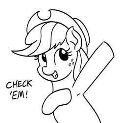 Size: 689x702 | Tagged: safe, artist:mkogwheel, applejack, earth pony, pony, g4, armpits, black and white, female, grayscale, mare, monochrome, raised hoof, simple background, solo, white background