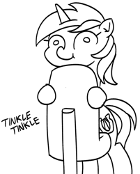 Size: 687x855 | Tagged: safe, artist:mkogwheel, lyra heartstrings, pony, unicorn, g4, bipedal, black and white, female, grayscale, implied urine, l.u.l.s., mare, monochrome, onomatopoeia, simple background, solo, urinal, white background