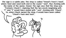 Size: 1101x642 | Tagged: safe, artist:mkogwheel, pinkie pie, twilight sparkle, earth pony, pony, unicorn, g4, black and white, dialogue, explaining the joke, grayscale, male, monochrome, question mark, simple background, sneed's feed and seed, speech bubble, the simpsons, unicorn twilight, white background