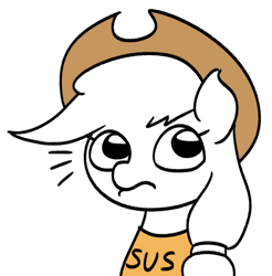 Size: 542x550 | Tagged: safe, artist:mkogwheel, applejack, earth pony, pony, g4, amogus, among us, applejack's hat, bust, cowboy hat, female, hat, mare, meme, partial color, simple background, solo, stonetoss, style emulation, sus (among us), suspicious, white background