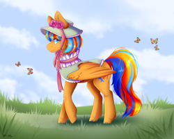 Size: 2500x2000 | Tagged: safe, artist:darklu, oc, oc only, oc:cold front, butterfly, pegasus, pony, bow, cloud, colored pupils, commission, crossdressing, day, freckles, grass, hat, high res, looking at you, male, outdoors, pegasus oc, raised hoof, smiling, smiling at you, solo, stallion, wings, ych result
