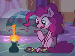 Size: 1800x1350 | Tagged: safe, artist:flutterluv, pinkie pie, earth pony, pony, g4, atg 2021, bed, book, lantern, newbie artist training grounds, solo, tongue out