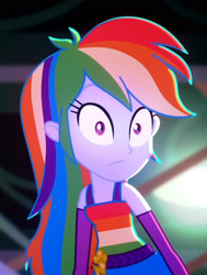 Size: 1345x1776 | Tagged: safe, screencap, rainbow dash, equestria girls, g4, my little pony equestria girls: summertime shorts, raise this roof, :|, belt, clothes, cropped, cutie mark, cutie mark on clothes, fall formal outfits, huh, looking at something, multicolored hair, sleeveless, solo, surprised face, what the hay?