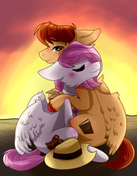 Size: 1920x2456 | Tagged: safe, artist:narik, oc, oc:cherry blossom, oc:sertro, pegasus, pony, blushing, couple, cute, cutie mark, floppy ears, hat, hoof fluff, hoof on shoulder, love, pegasus oc, romantic, shadow, sunset