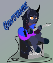 Size: 3596x4296 | Tagged: safe, oc, oc only, oc:constance, pony, unicorn, amplifier, cord, fangs, guitar, lineless, musical instrument, poster, sitting, solo, speaker