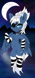 Size: 900x2000 | Tagged: safe, artist:sp1tf1r3, oc, oc only, oc:blazing harmony, pegasus, pony, :p, belly button, clothes, collar, crescent moon, ear piercing, earring, eyelashes, eyepatch, eyeshadow, fangs, female, flying, jewelry, lake, looking at you, makeup, mare, moon, night, night sky, not night glider, pegasus oc, piercing, sky, socks, solo, stars, stockings, thigh highs, tongue out, torn ear, water, wings
