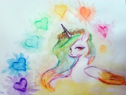 Size: 4032x3024 | Tagged: safe, artist:blueberry pie_蜜糕, princess celestia, alicorn, pony, g4, 2019, alternate design, alternate universe, colored wings, colored wingtips, crossover, female, mare, solo, soul, traditional art, undertale, watercolor painting, wings