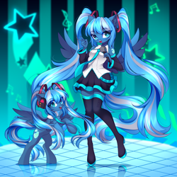 Size: 3328x3333 | Tagged: safe, artist:airiniblock, oc, oc only, oc:vivid tone, pegasus, pony, anthro, unguligrade anthro, rcf community, anime, anthro ponidox, bipedal, clothes, cosplay, costume, duality, eye clipping through hair, eyebrows, eyebrows visible through hair, female, hatsune miku, headphones, high res, looking at you, mare, microphone, necktie, not hatsune miku, open mouth, open smile, peace sign, pegasus oc, self ponidox, singing, skirt, smiling, smiling at you, stars, vocaloid