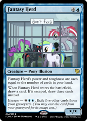 Size: 375x523 | Tagged: safe, artist:dinnerjoe, edit, oc, pegasus, pony, unicorn, friendship is witchcraft, black and red, broken horn, cage, ccg, generalzoi, horn, horse women, magic the gathering, sign, trading card, trading card edit