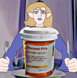 Size: 812x825 | Tagged: safe, artist:greenarsonist, edit, princess luna, human, g4, clothes, cutlery, dress, elf ears, eyeshadow, female, fork, humanized, jewelry, knife, light skin, lipstick, luna is not amused, makeup, meme, normal pills, pale, photo, photo edit, redraw, solo, tiara, trans female, transgender, unamused