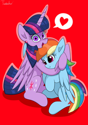 Size: 2480x3507 | Tagged: safe, artist:twidasher, rainbow dash, twilight sparkle, alicorn, pegasus, pony, g4, blushing, crazy eyes, duo, feather, female, heart, high res, hug, lesbian, mare, open mouth, open smile, red background, ship:twidash, shipping, signature, simple background, size difference, smiling, speech bubble, sweat, twilight sparkle (alicorn), yandere, yanderelight sparkle