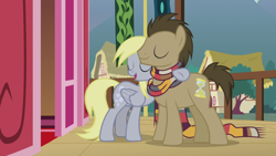 Size: 1920x1080 | Tagged: safe, screencap, derpy hooves, doctor whooves, time turner, earth pony, pegasus, pony, season 5, slice of life (episode), clothes, female, fourth doctor's scarf, hug, male, mare, open mouth, scarf, stallion, striped scarf
