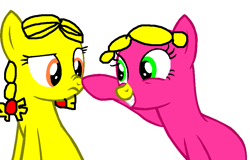 Size: 913x583 | Tagged: safe, artist:funtimeponies56, artist:linct7, earth pony, pony, g4, boop, duo, female, grin, little miss helpful, little miss sunshine, mare, mr. men, mr. men little miss, ponified, simple background, smiling, white background, yellow nose