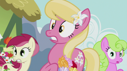 Size: 1920x1080 | Tagged: safe, screencap, daisy, flower wishes, lily, lily valley, roseluck, earth pony, pony, g4, season 5, slice of life (episode), female, flower trio, mare, shocked, trio