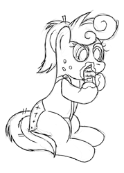 Size: 2736x3816 | Tagged: safe, artist:sollace, oc, oc only, oc:coco bean, earth pony, pony, chocolate, cute, eating, female, filly, foal, food, freckles, high res, loincloth, messy mane, sitting, solo