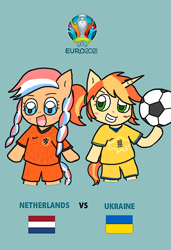 Size: 820x1196 | Tagged: safe, artist:foxy1219, oc, oc:ember (hwcon), oc:sunlight ray (bronukon), earth pony, pony, unicorn, euro 2020, football, netherlands, sports, ukraine
