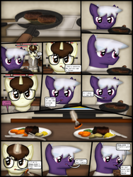 Size: 1750x2333 | Tagged: safe, artist:99999999000, oc, oc only, oc:cwe, oc:firearm king, pony, comic:visit, clothes, comic, cooking, food, glasses, meat, ponies eating meat