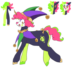 Size: 1200x1143 | Tagged: safe, artist:greenarsonist, oc, oc only, oc:jesse wisecracker, pony, unicorn, :p, bells, bow, chubby, clown makeup, clown nose, face paint, hat, heterochromia, jester, jester hat, makeup, red nose, shorn fetlocks, solo, tongue out, two toned mane, two toned tail