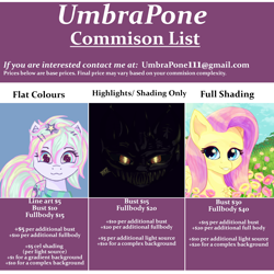 Size: 3000x3000 | Tagged: safe, artist:umbrapone, oc, oc:bass-beat, advertisement, commission info, fangs, glowing eyes, high res, multicolored hair, starry eyes, wingding eyes