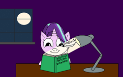 Size: 2000x1257 | Tagged: safe, artist:blazewing, starlight glimmer, pony, unicorn, g4, atg 2021, book, cute, drawpile, female, funny, glimmerbetes, kite, lamp, moon, newbie artist training grounds, night, reading, smiling, solo, stars, table, text, that pony sure does love kites, window